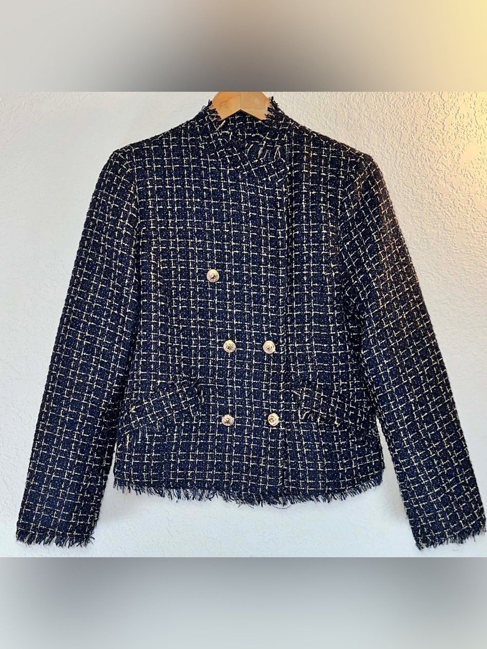 Dolce Cabo Navy and Gold Metallic Tweed Double-Breasted Jacket